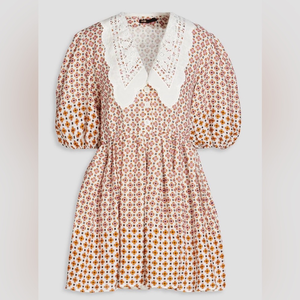 Maje Pink and Mustard Floral Eyelet-Collar Mini Dress